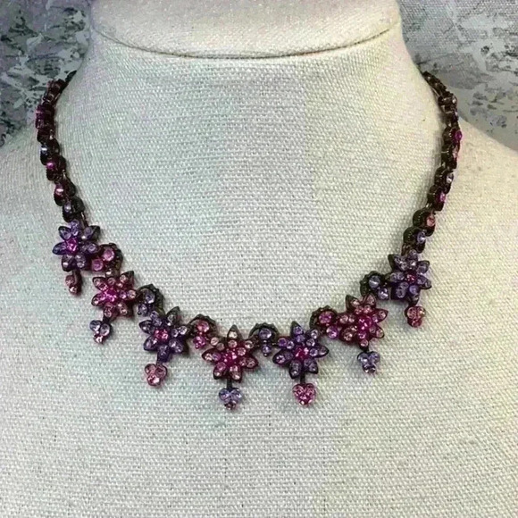 COPY - Pink Rhinestone Flower Necklace Chocker Pink and Purple - Picture 1 of 2